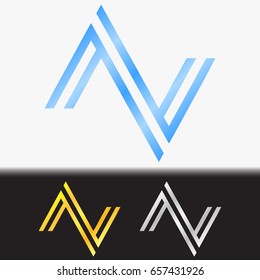 Initial letter VV premium blue metallic rotated lowercase logo template in white background, and custom preview in gold and silver color