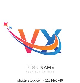 initial letter VX logotype company name colored orange, red and blue swoosh star design. vector logo for business and company identity.
