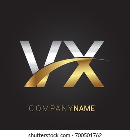initial letter VX logotype company name colored gold and silver swoosh design. isolated on black background.