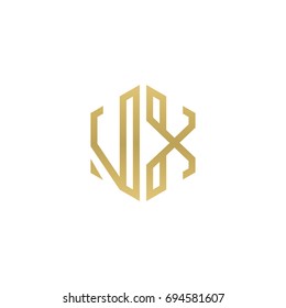 Initial letter VX, minimalist line art hexagon shape logo, gold color