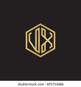 Initial letter VX, minimalist line art hexagon logo, gold color on black background