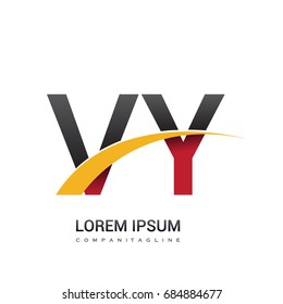 initial letter VY logotype company name colored red, black and yellow swoosh design. isolated on white background.
