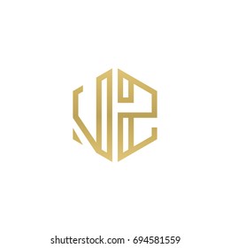 Initial letter VZ, minimalist line art hexagon shape logo, gold color