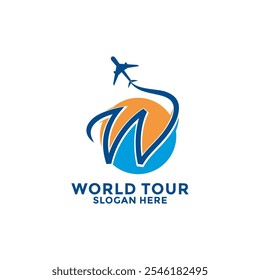 letra inicial W con Plantilla de diseño de logotipo de avión y nube. Vector de diseño de logotipo de viaje