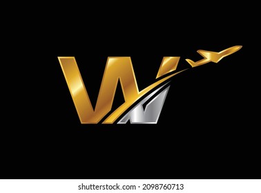 Letra inicial W con el diseño del logotipo del avión. Aerolíneas, aviones, aviación, plantilla de logotipo de viajes.