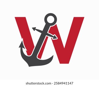 Initial Letter W Anchor Logo Design Concept For Boat, Ship, Yacht, Nautical Transport Symbol