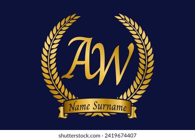 Ursprüngliche Buchstaben A und W, AW-Monogramm Logo-Design mit Lorbeer-Kranz. Luxuriöses goldenes Emblem mit kalligrafischer Schrift.