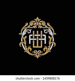Initial letter A and W, AW, WA, decorative ornament emblem badge, overlapping monogram logo, elegant luxury silver gold color on black background