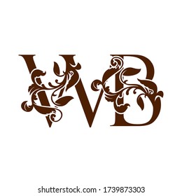 Letra inicial W y B, icono del logotipo de lujo WB, plantilla de diseño de vintage monograma con elemento de hoja natural tropical.