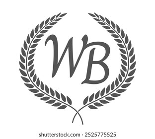 Initial letter W and B, WB monogram logo design with laurel wreath. Luxury calligraphy font.