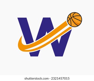 Initial Letter W Basketball Logo Concept With Moving Basketball Icon. Basket Ball Logotype Symbol