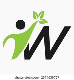 Initial Letter W Bio or Healthcare Logo Design Concept With Human And Green Leaf Symbol