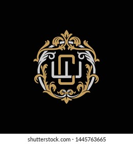 Initial letter W and C, WC, CW, decorative ornament emblem badge, overlapping monogram logo, elegant luxury silver gold color on black background