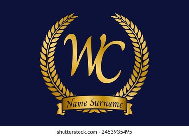 Letra inicial W y C, diseño del logotipo del monograma de WC con corona de laurel. Fuente de caligrafía dorada de lujo.