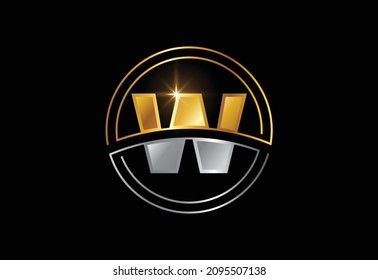 Initial letter W with circle frame. Golden and silver color alphabet symbol for corporate business identity