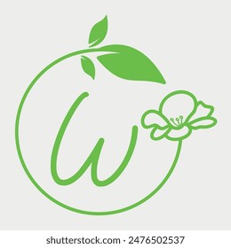 Initial Letter W circle of leaves and flowers logo design. Simple and elegant floral alphabet letter font. Vector Illustration.