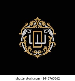 Initial letter W and D, WD, DW, decorative ornament emblem badge, overlapping monogram logo, elegant luxury silver gold color on black background