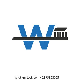 Letra inicial W Logotipo dental combinado con plantilla de símbolo de pincel dental
