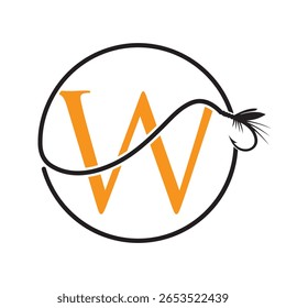 Initial Letter W Fishing Logo Design Concept With Fishing Hook Symbol Vector Template
