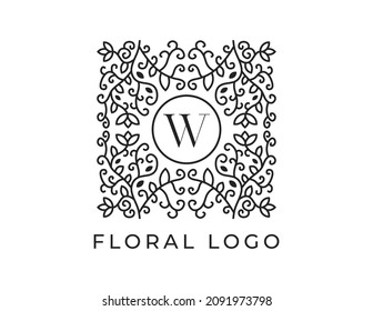 letra inicial W Planilla de ilustraciones de diseño de vectores con logotipo floral. 
Diseño con logotipo vectorial para productos naturales, floristería, cosméticos, ecológicos, salud, spa.