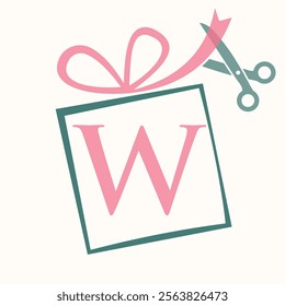 Initial Letter W Gift Box Logo Design Concept With Ribbon and Scissors Symbol For Weeding and Birthday Gift Sign