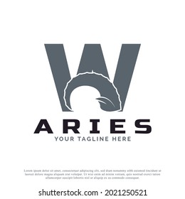 Initial Letter W with Goat Ram Sheep Horn for Aries Logo Design Inspiration. Animal Logo Element Template
