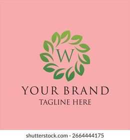 Initial letter W green leaves organic natural logo design, cosmetics and beauty vector icon concept