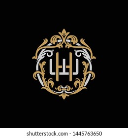 Initial letter W and H, WH, HW, decorative ornament emblem badge, overlapping monogram logo, elegant luxury silver gold color on black background
