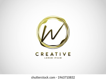 Initial Letter W Handwriting Stylish Signature, Circle Abstract Gold, Template Logo Vector.