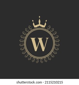 Letra inicial W marco real heráldico con corona y corona de laurel. Simple Emblema Clásico. Composición redonda. Estilo de gráficos. Elementos de arte para la ilustración de vectores de diseño de logotipos