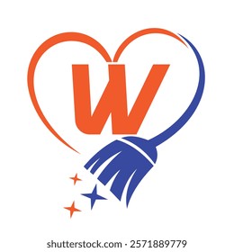 Initial Letter W House Clean Logo Concept With Cleaning Brush and Heart Symbol. Broom Sign