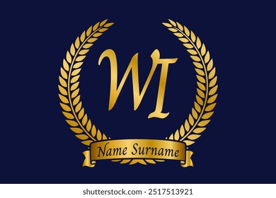 Initial letter W and I, WI monogram logo design with laurel wreath. Luxury golden calligraphy font.