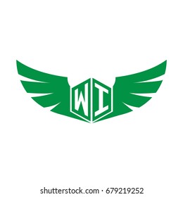 Initial Letter W, I, WI Hexagonal Shape Logo with Wings Icon
