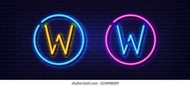 Anfangsbuchstaben W Symbol. Neonlichtzeileneffekt. Zeilentypopgraphie-Zeichen. Große erste Schriftart. Leuchtendes Neonlichtelement. Letter W glüht 3D-Linie. Brick-Wand-Banner. Vektorgrafik