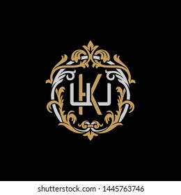 Initial letter W and K, WK, KW, decorative ornament emblem badge, overlapping monogram logo, elegant luxury silver gold color on black background