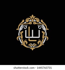 Initial letter W and L, WL, LW, decorative ornament emblem badge, overlapping monogram logo, elegant luxury silver gold color on black background