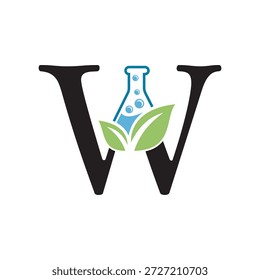El diseño inicial del logotipo del laboratorio de la letra W se combina con el símbolo del tubo de ensayo y de la hoja