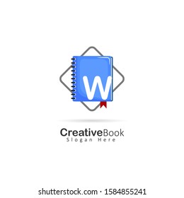 Initial letter W logo with book element, design vector illustration book store logo, book shop symbol template