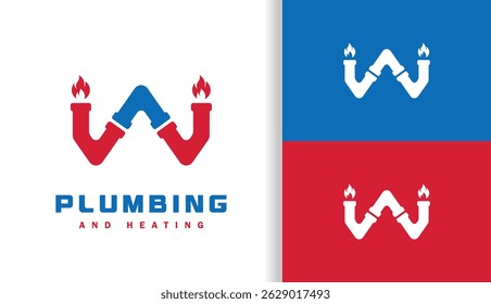 Initial Letter W Logo Combination of Pipes with Fire Details, in Red and Blue Colors
