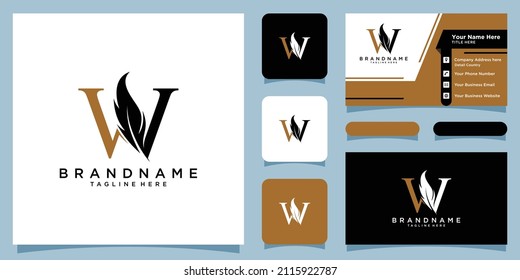 Initial letter W logo with feather gold luxury design