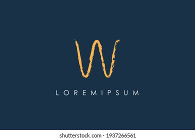 Initial Letter W Logo. Gold W Letter Hand Drawn Brush Calligraphy isolated on Blue Background. Usable for Identity and Branding Logos. Flat Vector Logo Design Template Element.