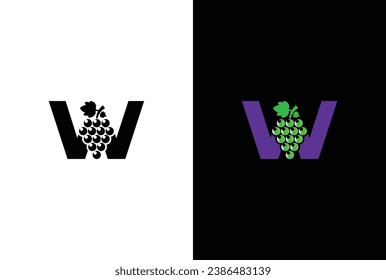 Logo de la letra inicial W. Letra W moderna y sencilla para el diseño del logotipo del símbolo de uva con hojas verdes.