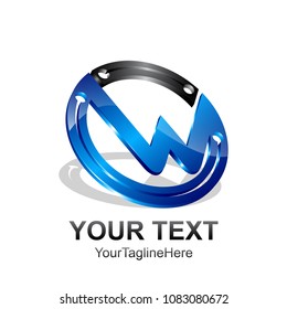 Initial letter W logo template colored black blue 3d circle design for business and company identity