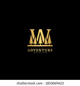 Initial letter W logotype. Natural adventure logo with mountain and forest panorama, fit for company and business logo.