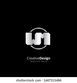 Letra inicial Diseño metálico con logotipo W M con elemento circular. Concepto oscuro de plantilla de ilustración de vectores 