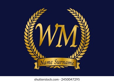Letra inicial W y M, diseño del logotipo del monograma de WM con corona de laurel. Fuente de caligrafía dorada de lujo.
