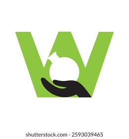 Initial Letter W Medicine Logo Concept With Hand And Laboratory Glassware Symbol