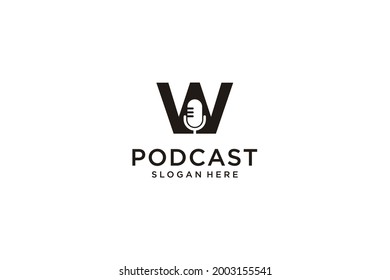 initial letter W with microphone podcast logo design template vector