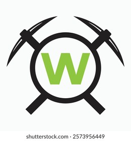 Initial Letter W Mining Logo Combine With Pickaxe Symbol Vector Template