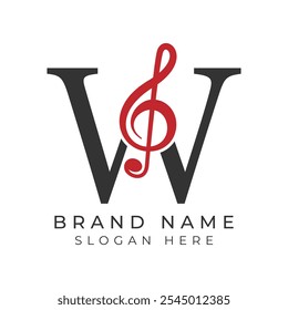 Initial Letter W with musical note Style icon. Alphabet W Music logo design